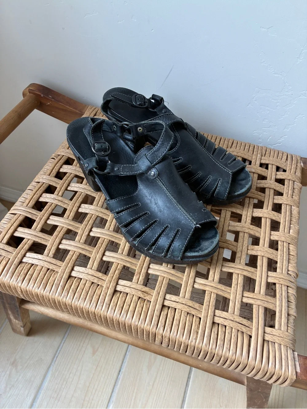 Dansko Black Leather Open-Toe Sandal Heels
